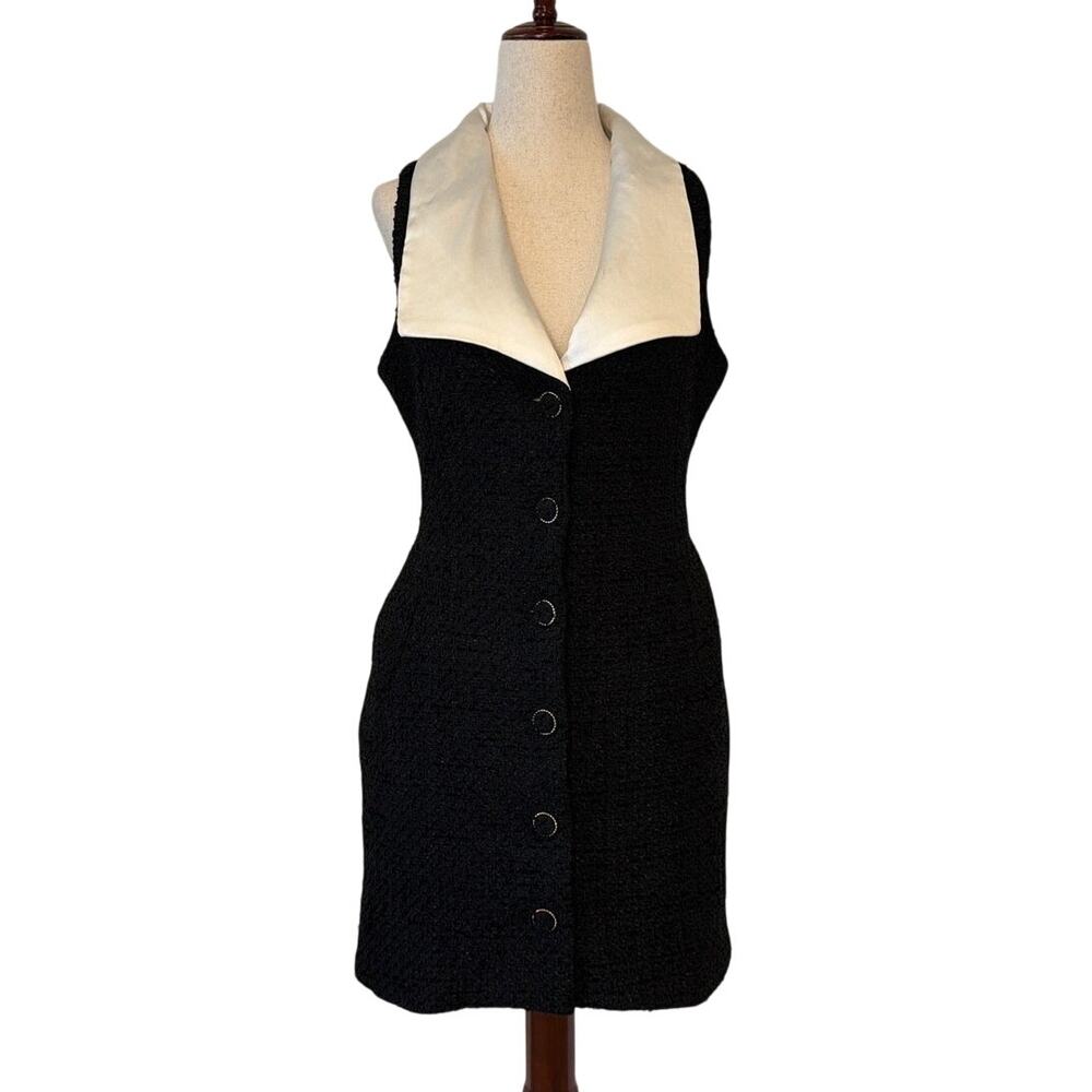 Endless Rose Contrast Collar Tweed Mini Dress, Black/Cream, Size Medium
